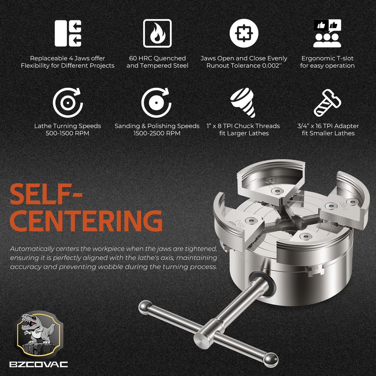 4-Inch Self-Centering Wood Lathe Chuck for Nova, 1" x 8 TPI Thread with 3/4" x 16 TPI Adapter, 4-Jaw Wood Turning Chuck Set Bzcovac