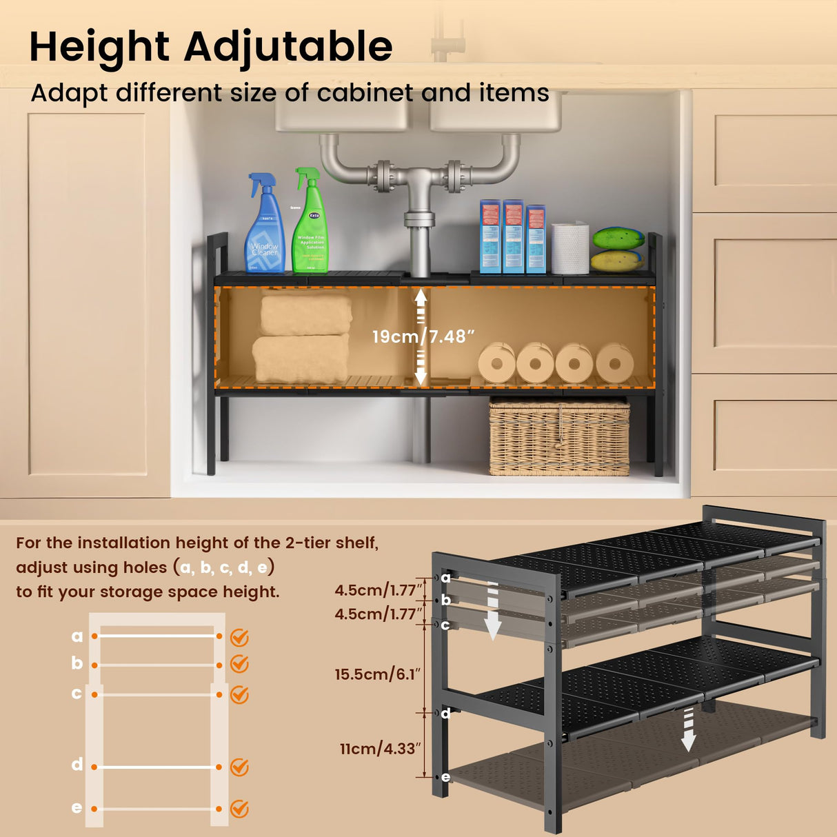 Under Sink Organizer and Storage 16.5"-30.7" Expandable Length, Adjustable Height Under Sink Shelf 2 Tier with 11" Removable ABS Panels & Metal Frame for Bathroom Kitchen Pantry Cabitnet Pot and Pan GEMWON