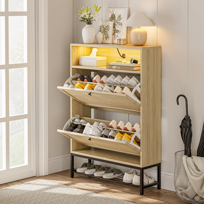 IKIFLY Natural Rattan Shoe Cabinet with LED Light, Shoe Rack Cabinet with 2 Flip Drawers & Open Shelves, Narrow Shoe Cabinet with Metal Legs, Shoe Storage Cabinet for Entryway, Living Room, Apartment