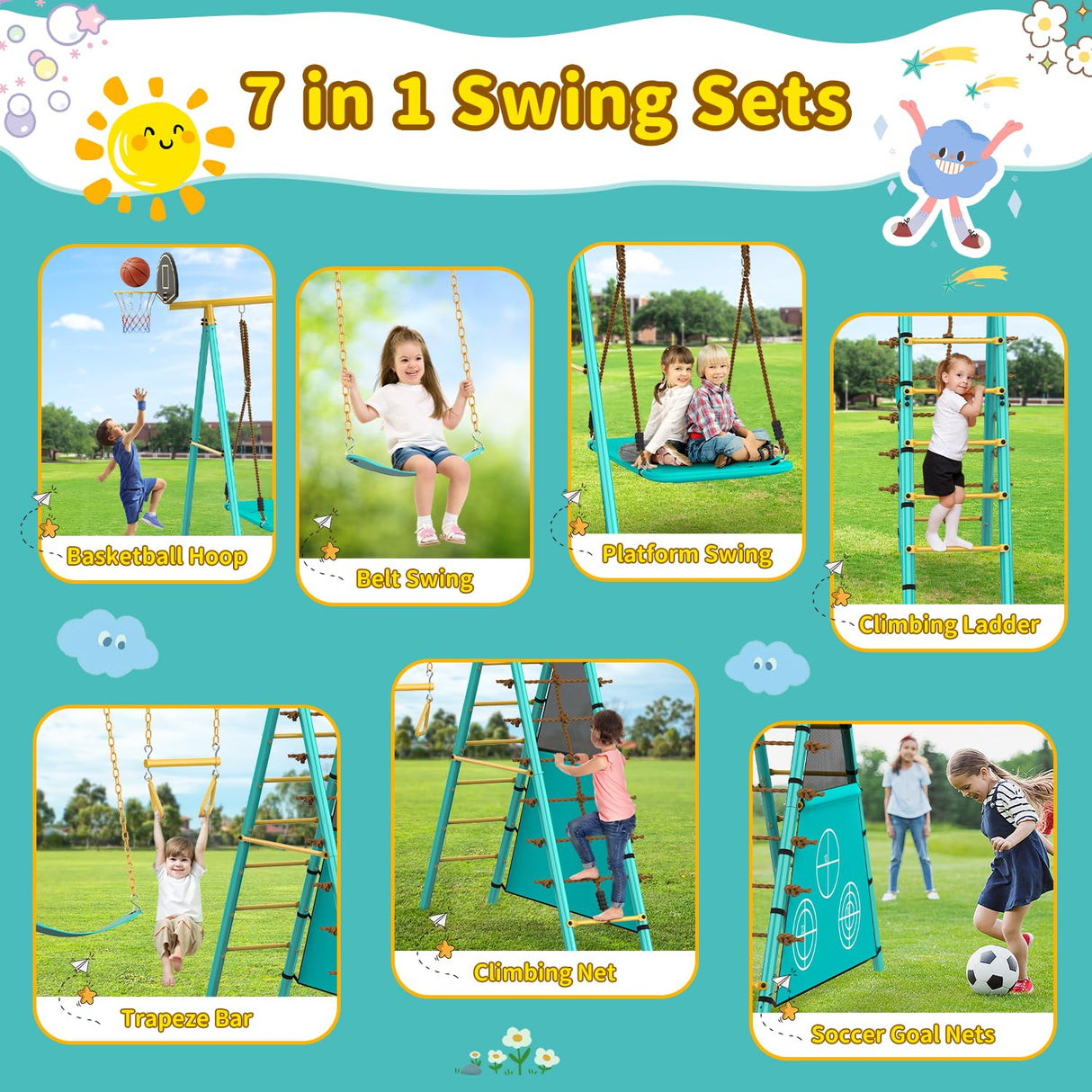 Jocoevol Swing Set for Backyard, Heavy-Duty Metal Swing Sets for Kids with 2 Swings, Climbing Ladder and Nets,Trapeze Bar, Soccer Goals and Basketball Hoop Up to 660lbs Jocoevol