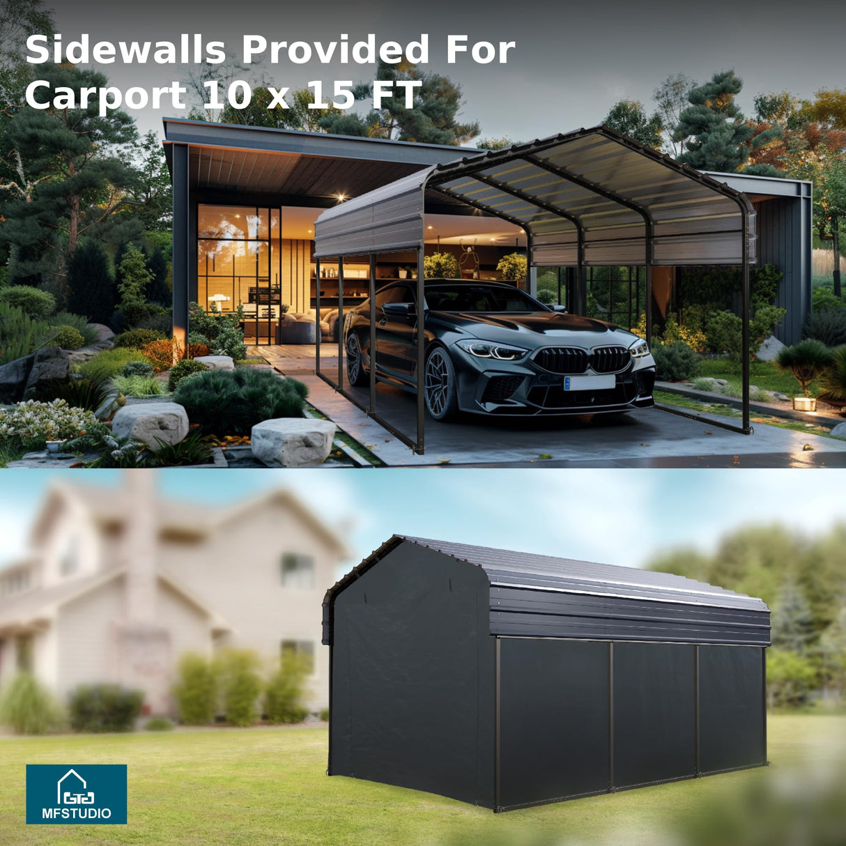MFSTUDIO Carport 10x15 ft, Outdoor Heavy Duty Carports with Sidewalls, Metal Shed Canopy Shelters Garage Shelter Shade Car Ports with Galvanized Roof for Cars, Truck and Boats MFSTUDIO