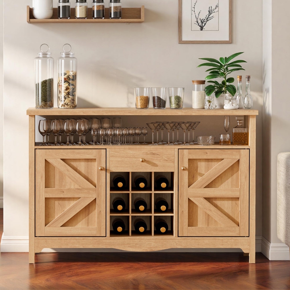 VDNEND 45.7” Wine Cabinet,Farmhouse Home Coffee Bar Sideboard Buffet Cabinet Liquor Storage with 9 Wine Racks & 2 Doors for Kitchen, Living and Dining Room (1, Natural) VDNEND