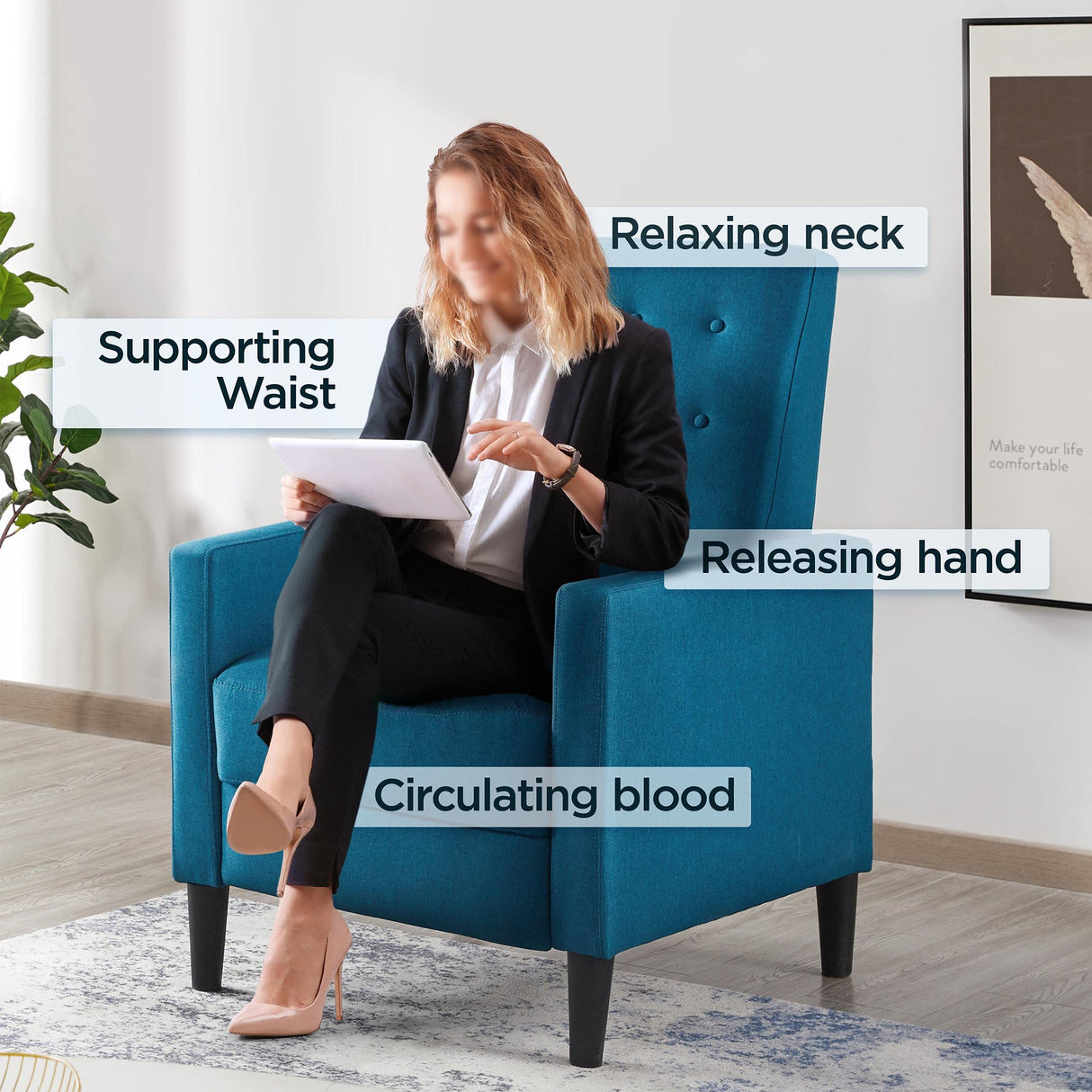 Topeakmart Mid-Century Modern Fabric Recliner Modern Tufted Reclining Single Sofa for Living Room Padded Cushion Home Theater Seat Blue Topeakmart