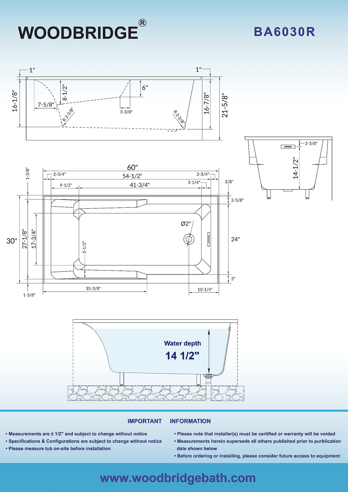 WOODBRIDGE 60" Acrylic Rectangular Alcove Soaking Bathtub in White with Right Drain, Brushed Nickel Pop-Up Drain Included BA6030R WOODBRIDGE