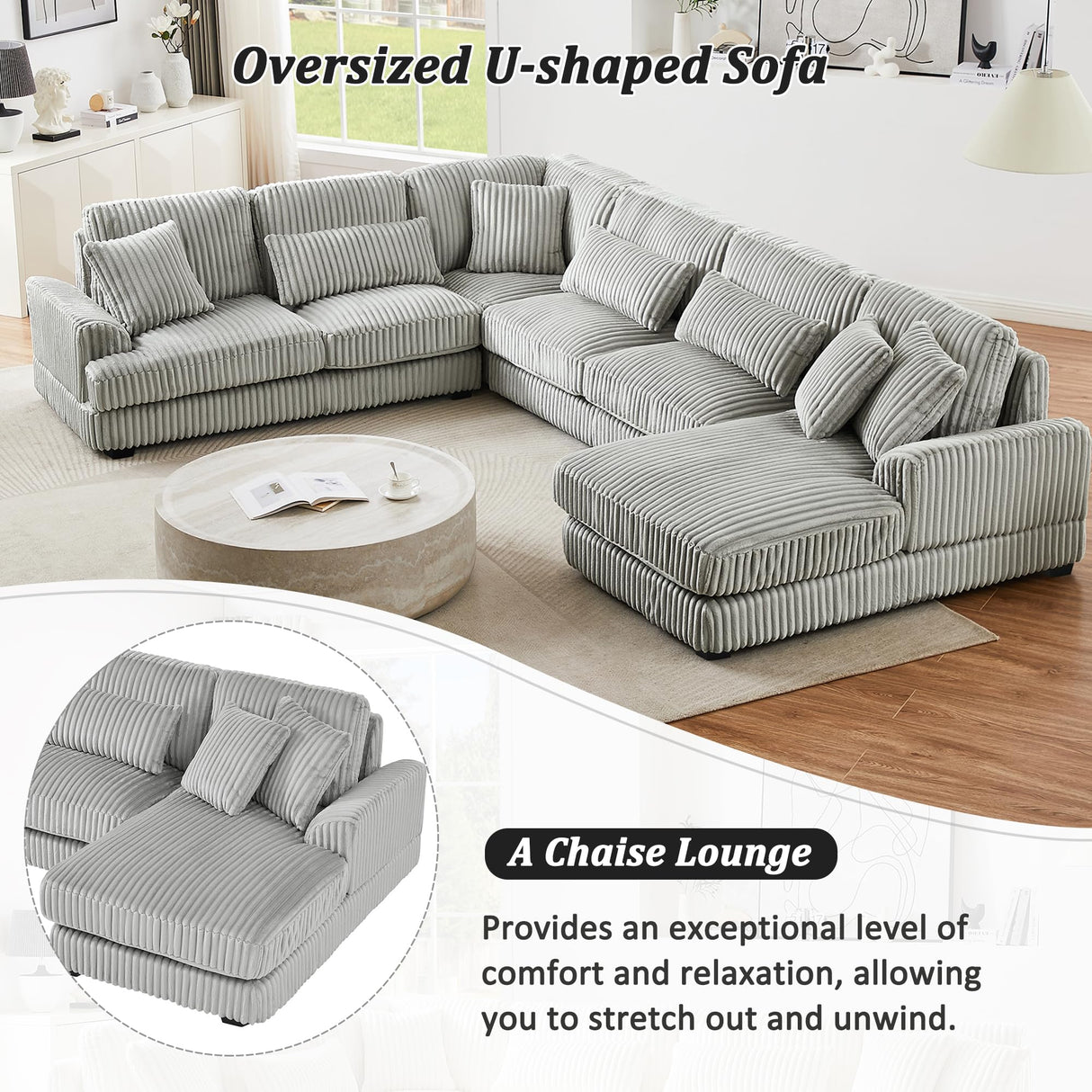 Oversized U-Shaped Sectional Sofa Modern Living Room Couch Upholstered in Soft Corduroy with a Chaise Lounge Merax