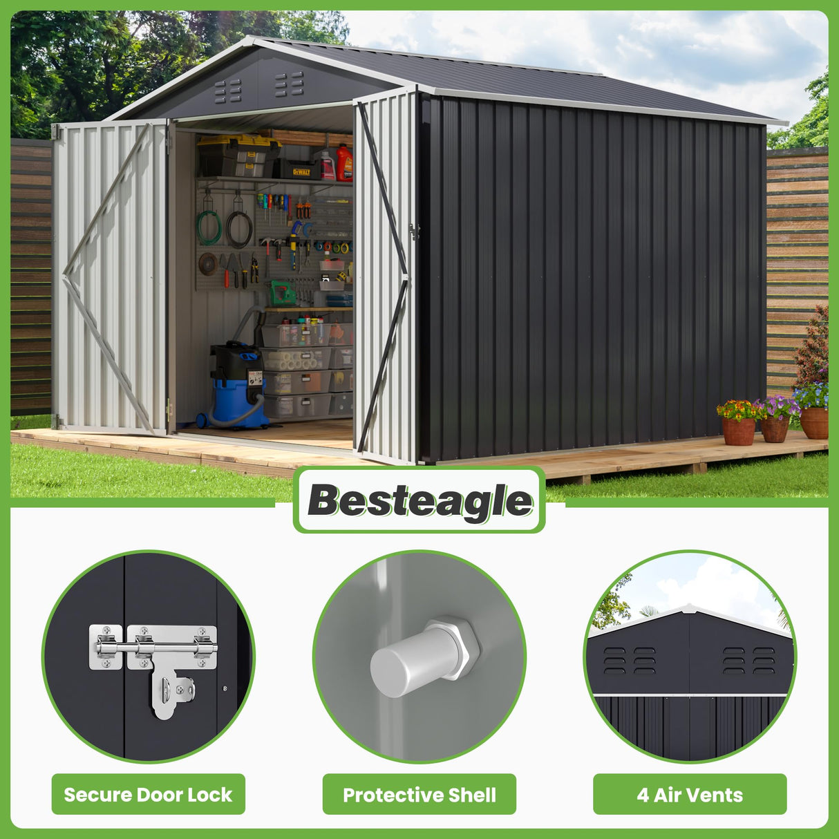 Besteagle 8x8 FT Outdoor Storage Shed, Utility Metal Tool Storage with Lockable Doors and Updated Frame Structure, Large Metal Garden Shed for Backyard, Patio Lawn, Black Besteagle