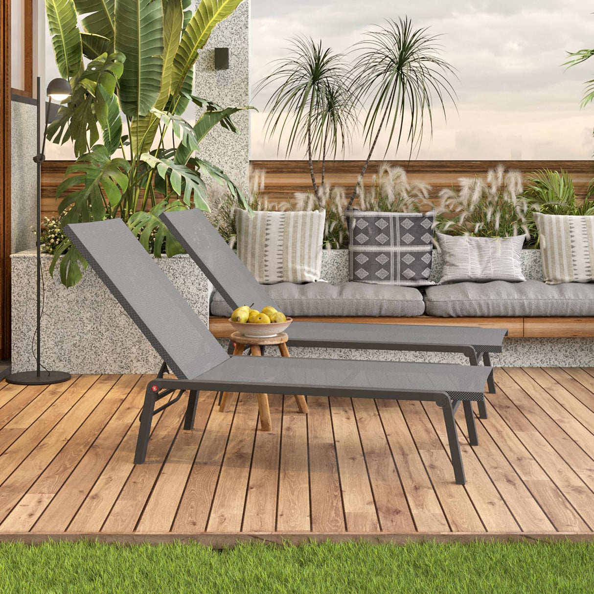 FHVIT Patio Chaise Lounge Set of 2 with 4 Adjustable Backrest, Foldable Aluminum Chaise Lounge Chair Recliner for Outdoor, Poolside, Sun Tanning Grey FHVIT