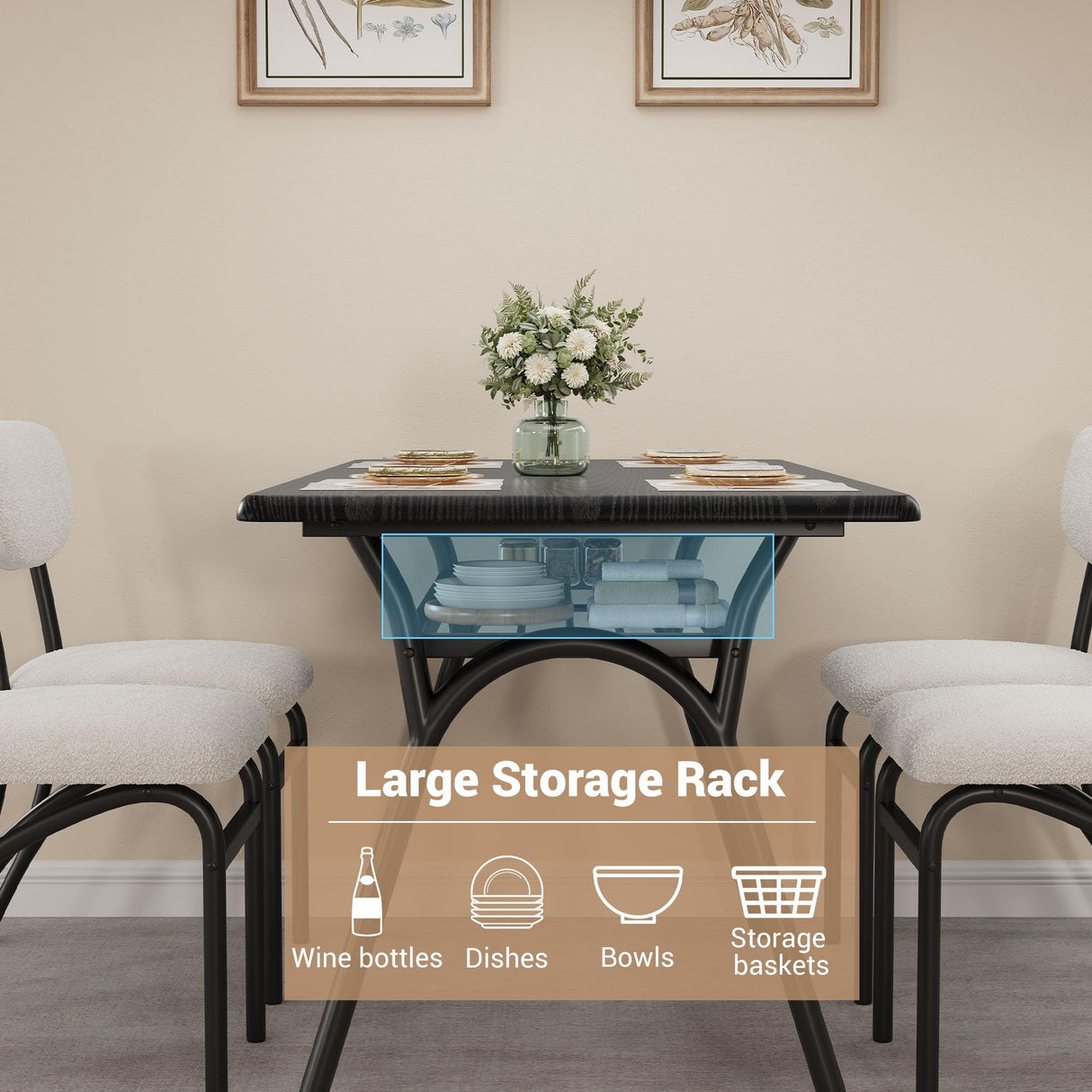 GarveeHome 5-Piece Dining Table Set for 4, Modern Kitchen Table with 4 Boucle Chairs, Rectangular Dining Table with Storage Shelf & Marble Tabletop, Beige Home Dining Furniture for Small Space GarveeHome