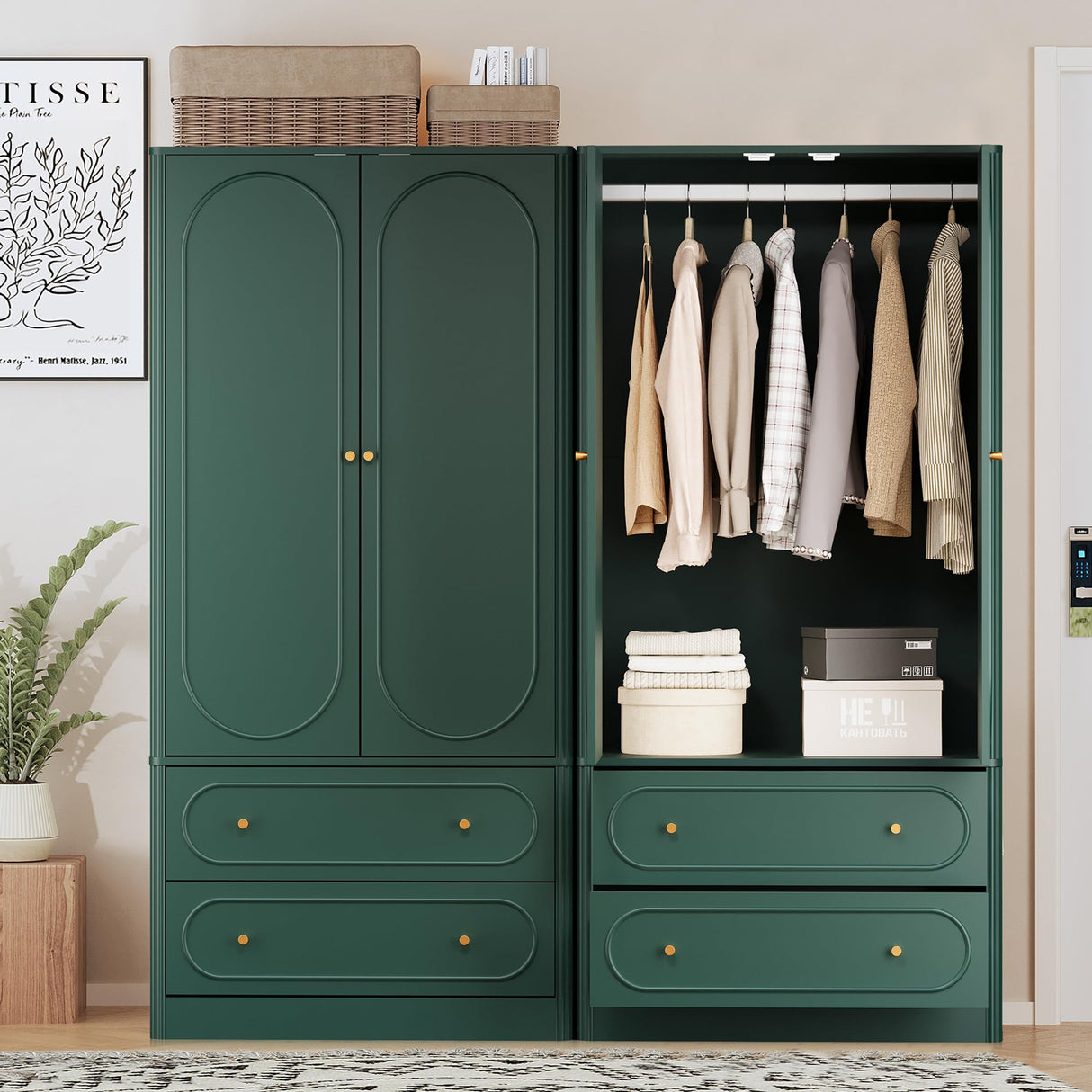 Fluted Freestanding Armoire Wardrobe Closet with 2 Doors and 2 Storage Drawers, Large Capacity Wardrobe Cabinet, Wooden Closet for Bedroom, Living Room - Green ORRD