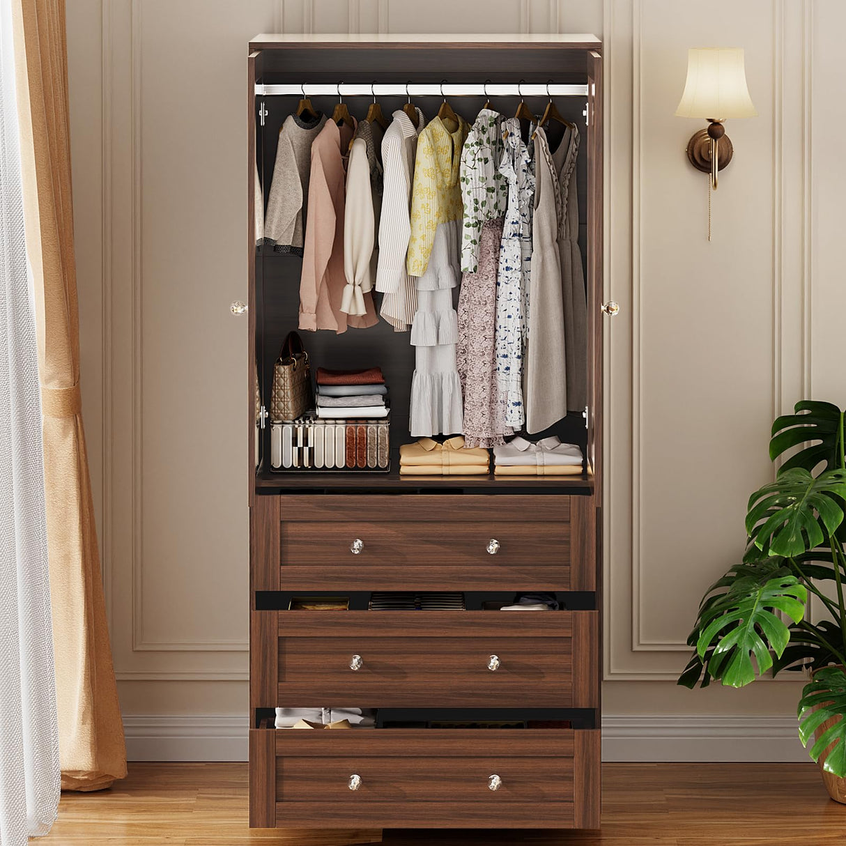 VOWNER Armoire Wardrobe Closet with Drawers and Mirror, 71" Clothing Storage Cabinet with Hanging Rod, 2 Doors Wooden Wardrobe Cabinet for Bedroom (Walnut, 18.9" D x 31.5" W x 71" H) VOWNER