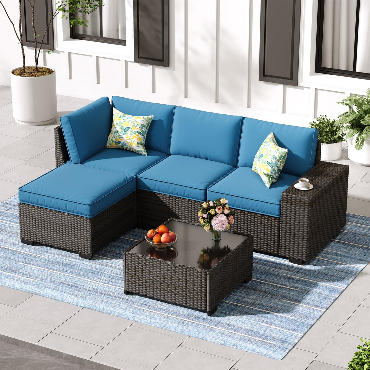 Jing's Villa 5-Piece Patio Furniture Set, All-Weather Outdoor Wicker Sectional Sofa with Cushions, Tempered Glass Table & Ottoman, Rattan Conversation Seating for Porch, Garden, Backyard,Peacock Blue Jing's Villa