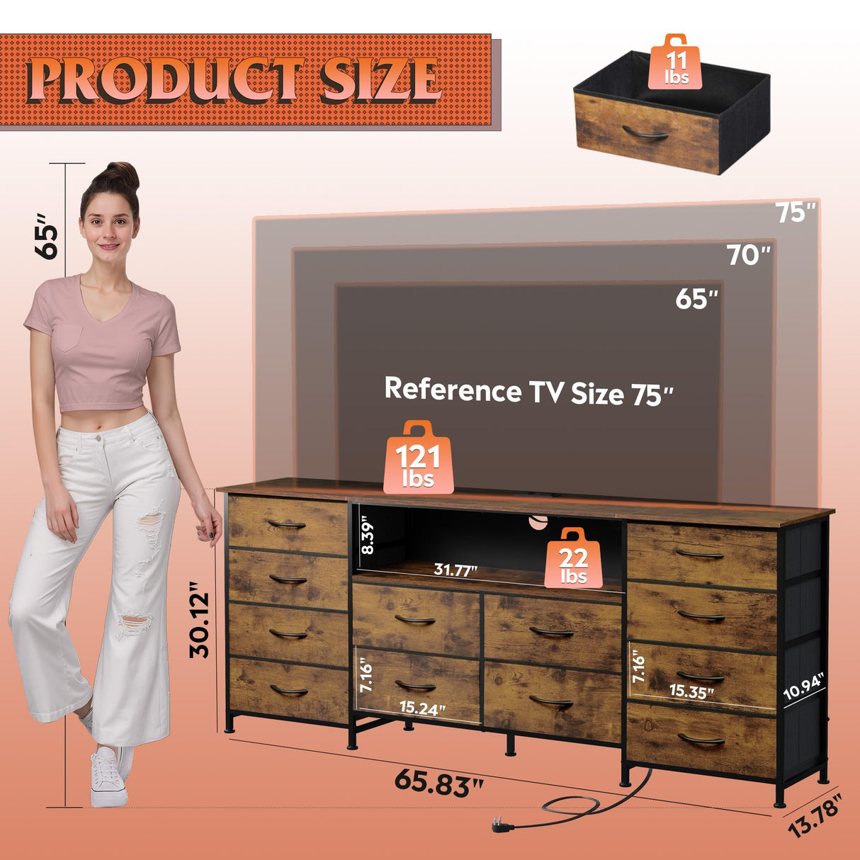 WLIVE 12 Drawer Dresser for Bedroom, Dresser TV Stand for 65, 70, 75 inch TV with Led Lights & Charging Station, Wide Chest of Drawers with Open Shelves, Fabric Dressers for Living Room, Rustic Brown WLIVE