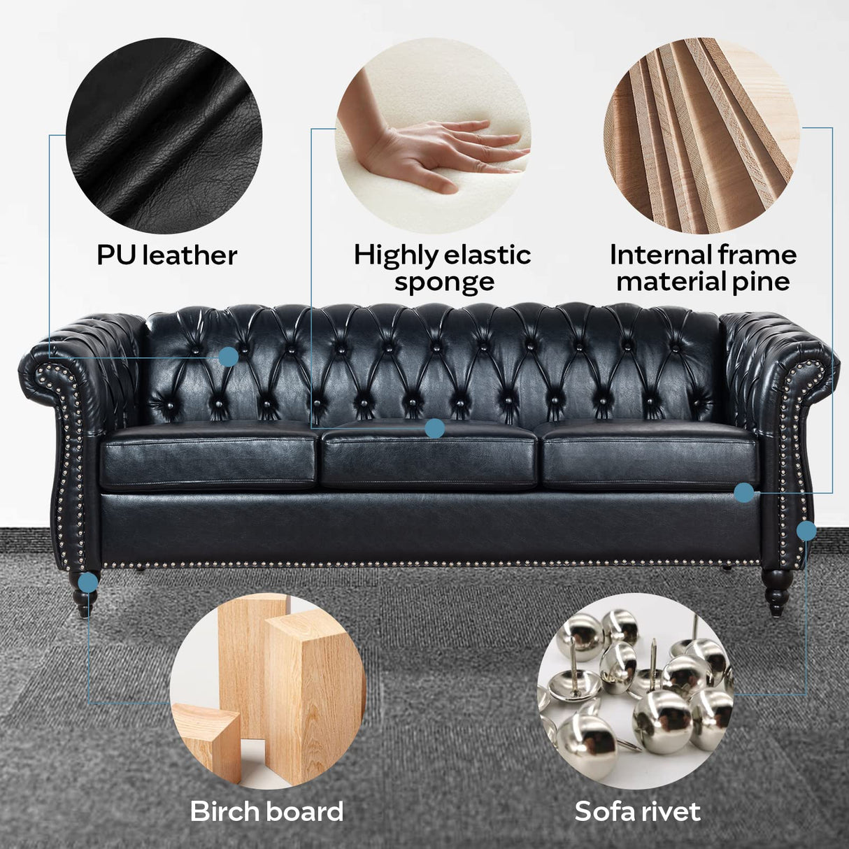 Vaztrlus Chesterfield Sofas for Living Room, Black Rolled Arm 3-Seater Leather 84" Large Couch Deep Button Nailhead Tufted Upholstered Couches for Bedroom, Office Apartment Easy to Assemble Vaztrlus