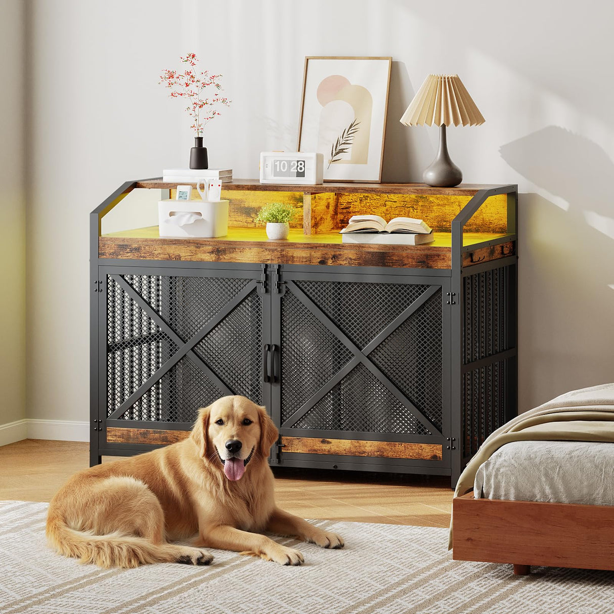 HOOBRO 43.3" Large Dog Crate Furniture with LED Lights, Heavy Duty Dog Kennel Indoor with Storage Shelves, Wooden Crate End Table for Large Medium Dogs, Rustic Brown and Black BF89DGW03 HOOBRO