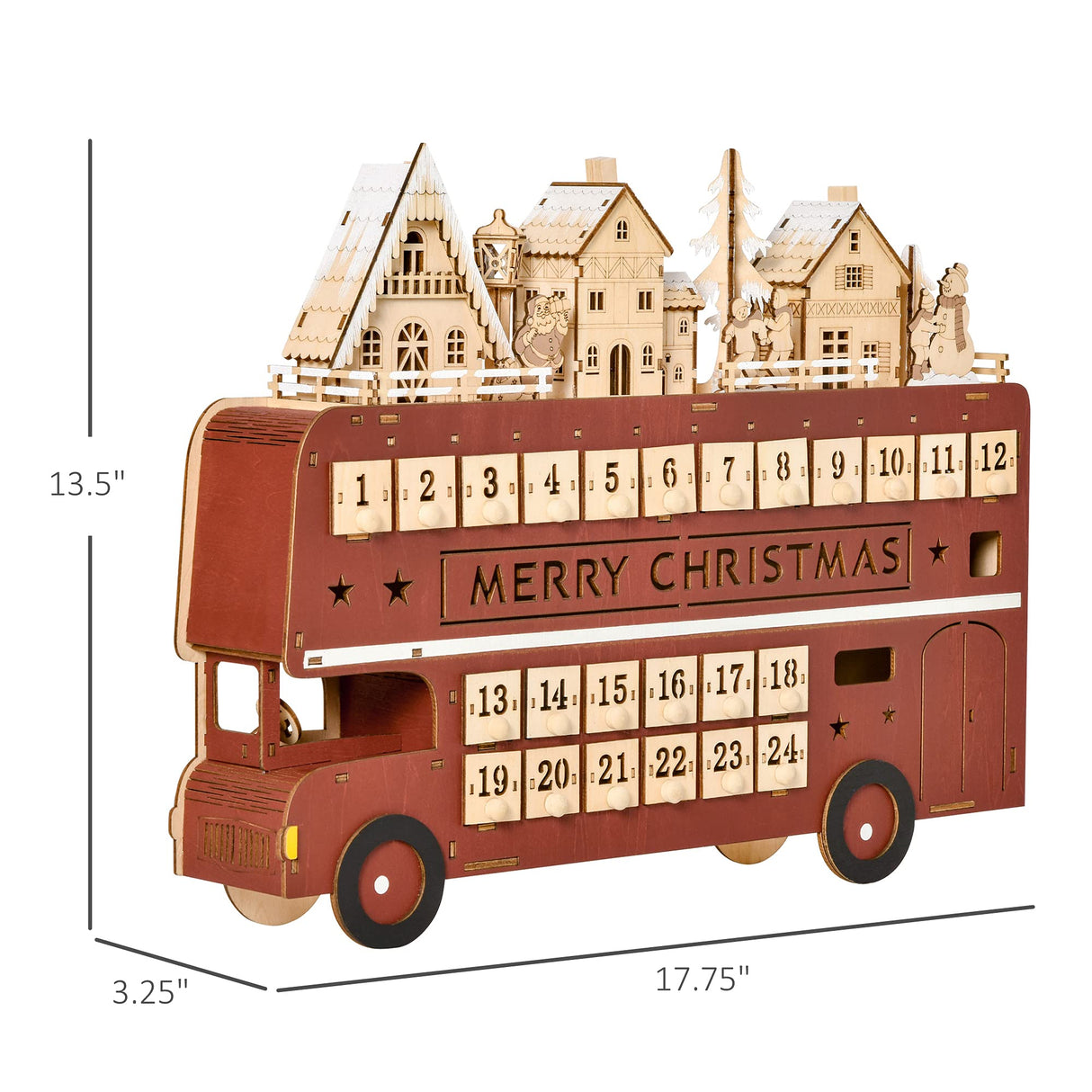 HOMCOM Christmas Advent Calendar, Light Up Table Xmas Wooden Bus Holiday Decoration with Countdown Drawer, Santa Claus Street House, for Kids and Adults HOMCOM