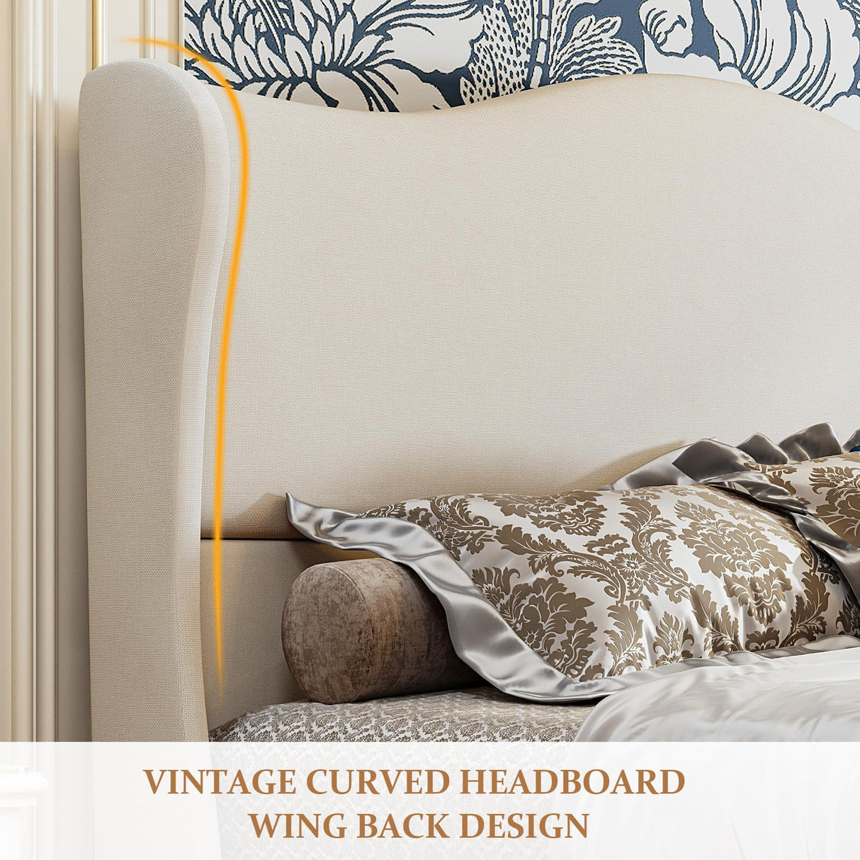 Koorlian King Size Upholstered Platform Bed with 51" Wingback Headboard - Retro Beige Design, No Box Spring Needed koorlian