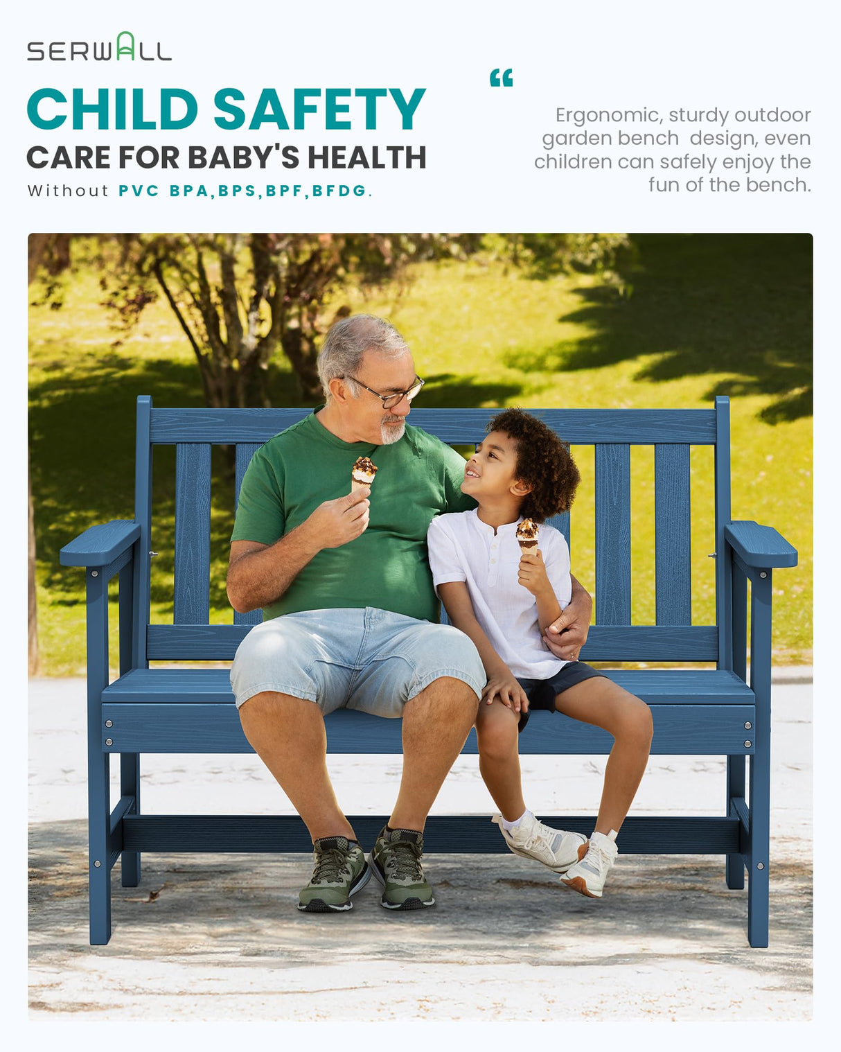 SERWALL Outdoor Bench, HDPE Outdoor Benches Weatherproof, 2-Person Garden Bench with 660 lbs Weight Capacity, Patio Benches for Outdoors, Garden, Porch, Backyard and Park, Navy Blue SERWALL