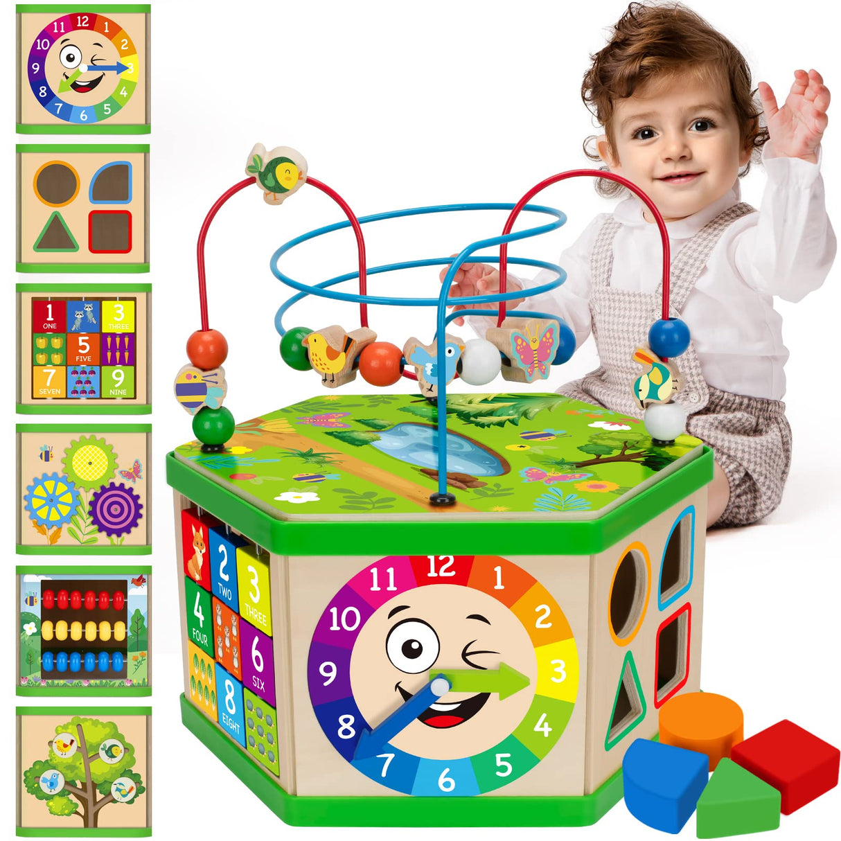 Wooden Activity Cube for 1 Year old, 12-18 Month Boys & Girls, 7-in-1 STEM Montessori Early Developmental Learning Toys for Kids Aged 1-2, Ideal 1st Birthday Gift Toys for Baby, Toddlers (Green) Duchong