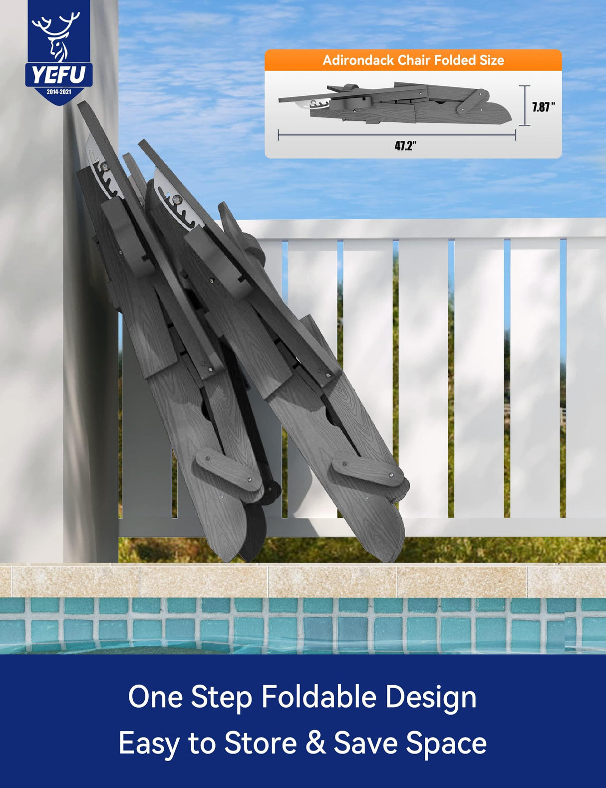 YEFU Adirondack Chair with Ottoman, Adjustable Backrest Adirondack Chairs, Folding Outdoor Fire Pit Chair with 2 Cup-Holders, Weather Resistant for Patio Lawn Outside Garden Pool, 380lbs(Grey) YEFU