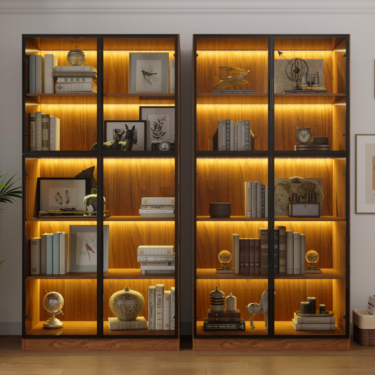 Bobve Display Cabinet with 4 Glass Doors, 5 Tier Storage Shelves Organizer, 78.7" Tall Bookshelf Bookcase with Storage Cabinet, Wooden Display Case Cabinet for Home,Office, Living Room (Walnut) Bobve