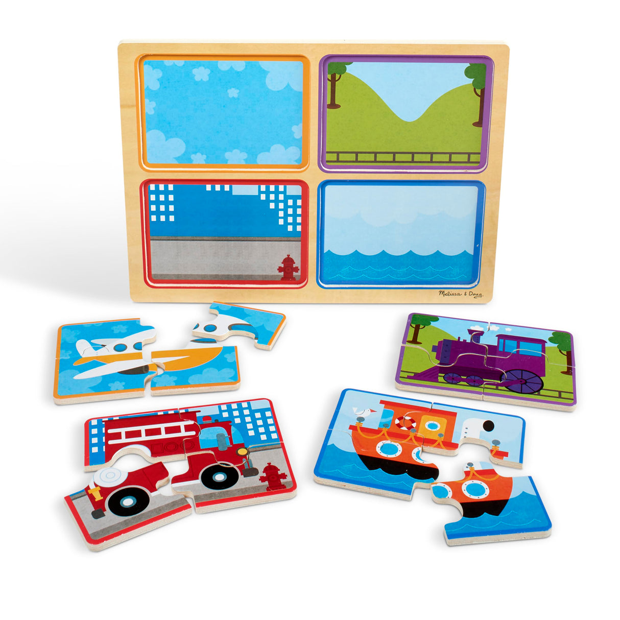 Melissa & Doug Natural Play Wooden Puzzle: Ready, Set, Go (Four 4-Piece Vehicle Puzzles) Melissa & Doug