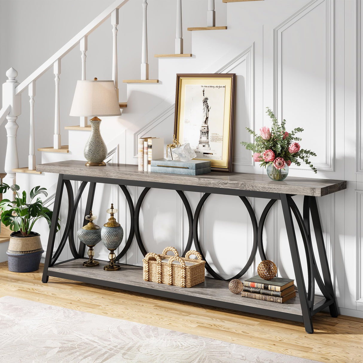 Tribesigns 70.9 inch Extra Long Console Table, Industrial Sofa Table Behind Couch with 2 Tier Storage Shelf, Narrow Entryway Hallway Accent Table for Living Room, Grey Tribesigns