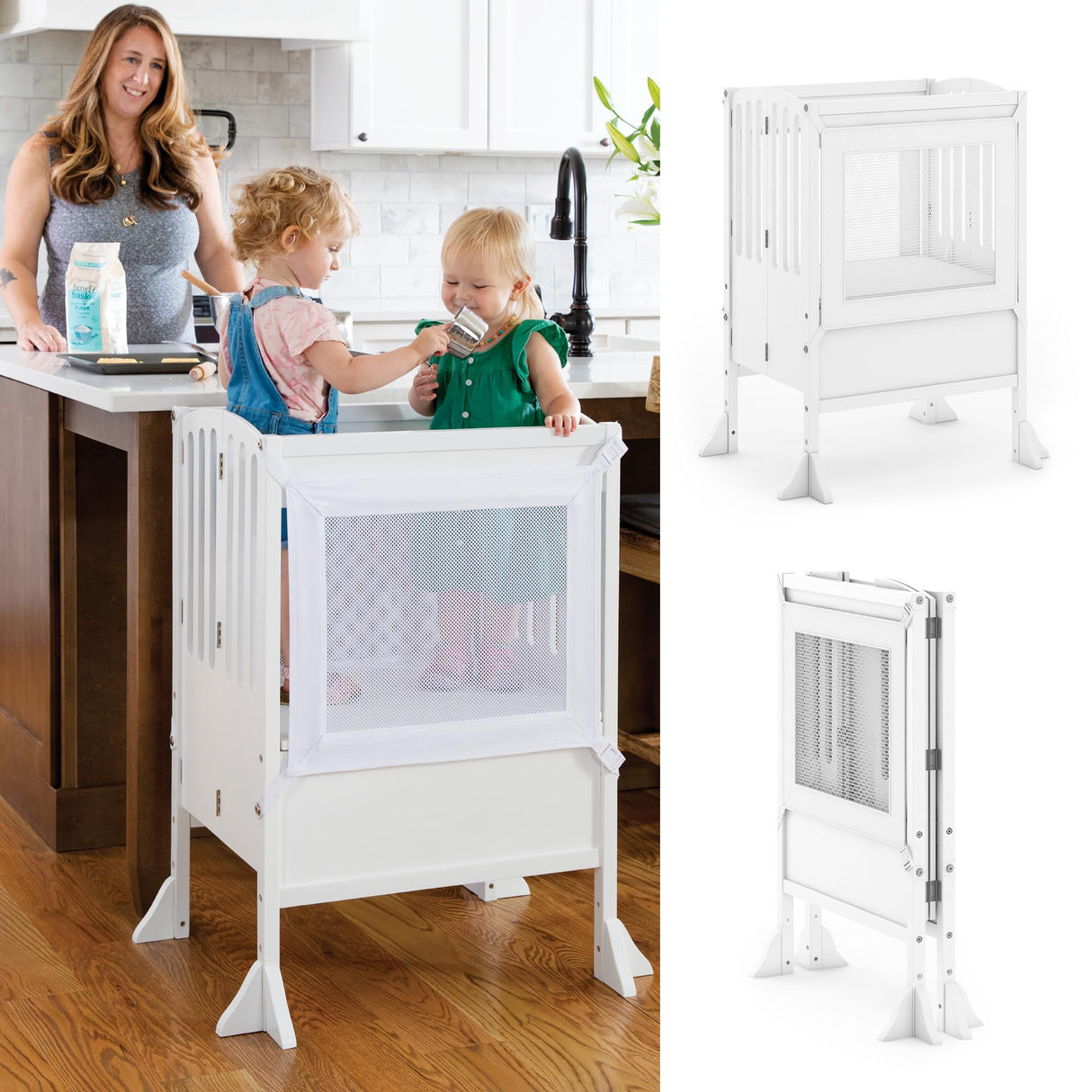Guidecraft Contemporary Double Kitchen Helper® Stool - White: Extra-Wide Foldable Safety Tower for Two Toddlers; Adjustable Height, Wooden Counter Step Stool | Little Kids Learning Furniture Guidecraft