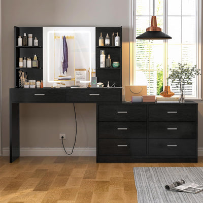 FIONESO Vanity Makeup Desk with LED Light Mirror & Power Outlet, 8 Drawers, 6 Storage Shelves, 3 Color Modes & Adjustable Brightness Dressing Table, Corner Vanity, L Shape Change, 39.4”Desk, Black