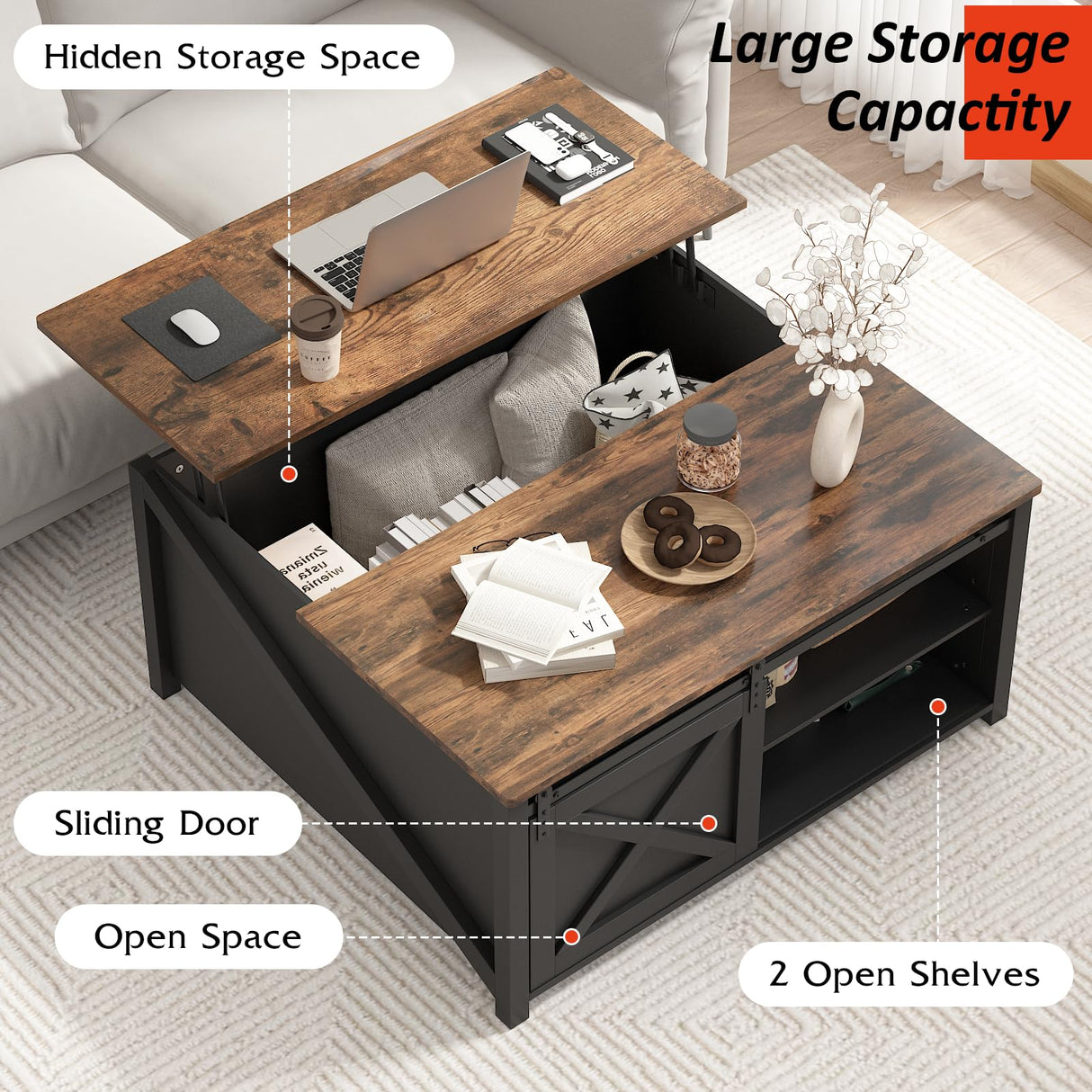 PUKAMI Lift Top Coffee Table with Storage, 31.5" Farmhouse Coffee Table for Living Room, Square Coffee Tables with Large Hidden Storage and Sliding Barn Doors, Black PUKAMI