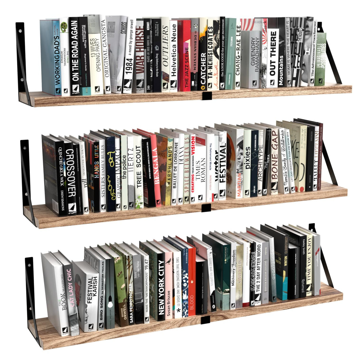 Floating Book Shelves Set of 3, Wall Bookshelf, 33 inch Long Wood Shelf for Wall Storage, Hanging Shelving for Bedroom, Bathroom, Living Room, Kitchen, Office and Plants (Carbonized Black) Senyh