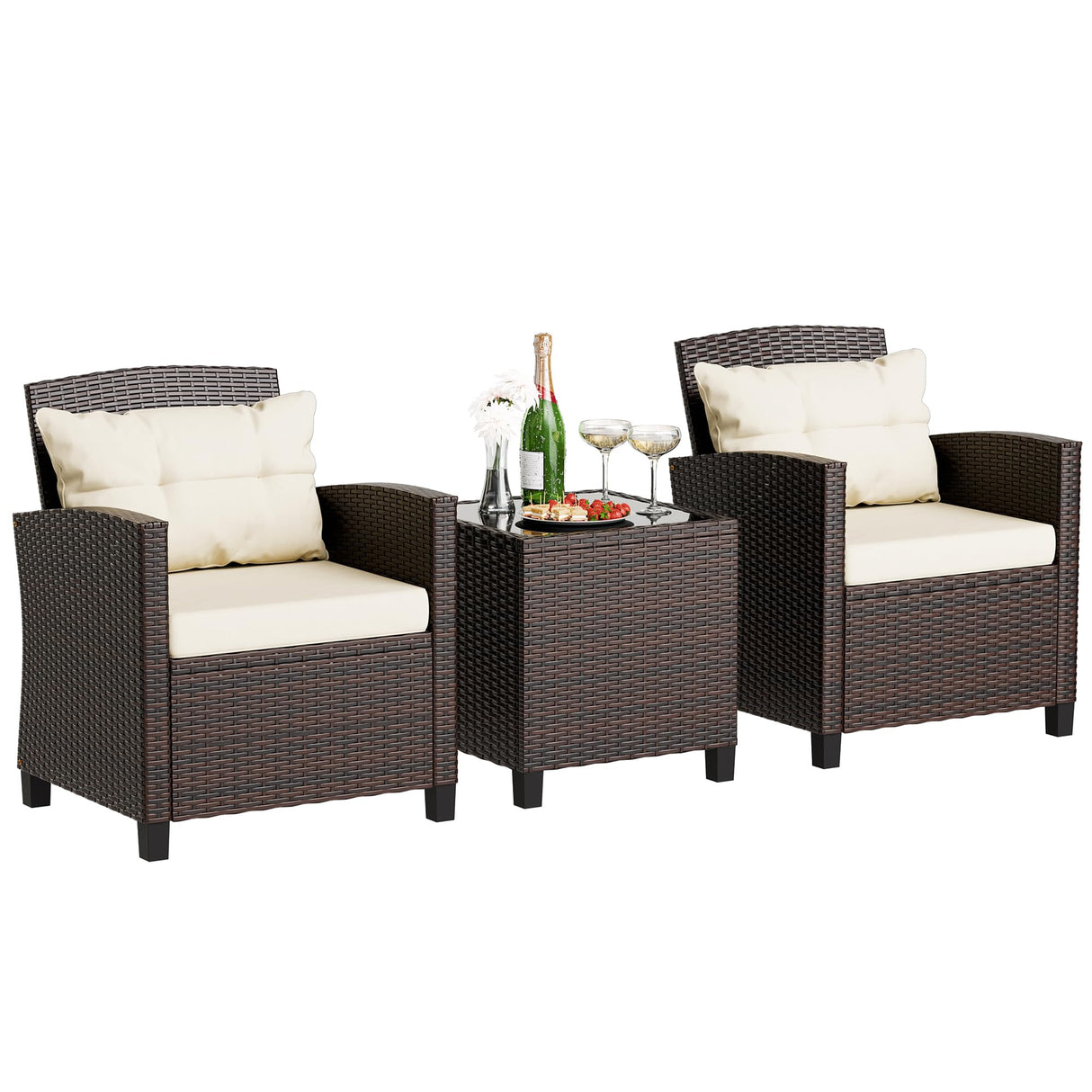 JAMFLY 3 Pieces Wicker Patio Furniture Set Outdoor, Wicker Chairs Conversation Set Small Patio Furniture for Apartment Balcony Bistro, Beige JAMFLY