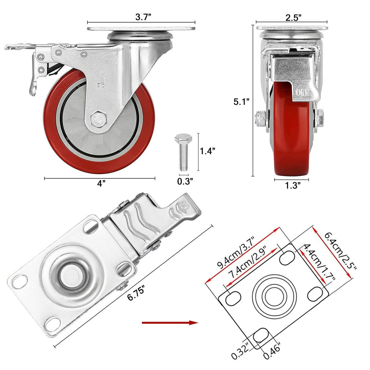 4 inch Heavy Duty Casters Load 1800lbs,Lockable Bearing Caster Wheels with Brakes,Swivel Casters for Furniture and Workbench,Set of 4 (Free Screws) Moogiitools