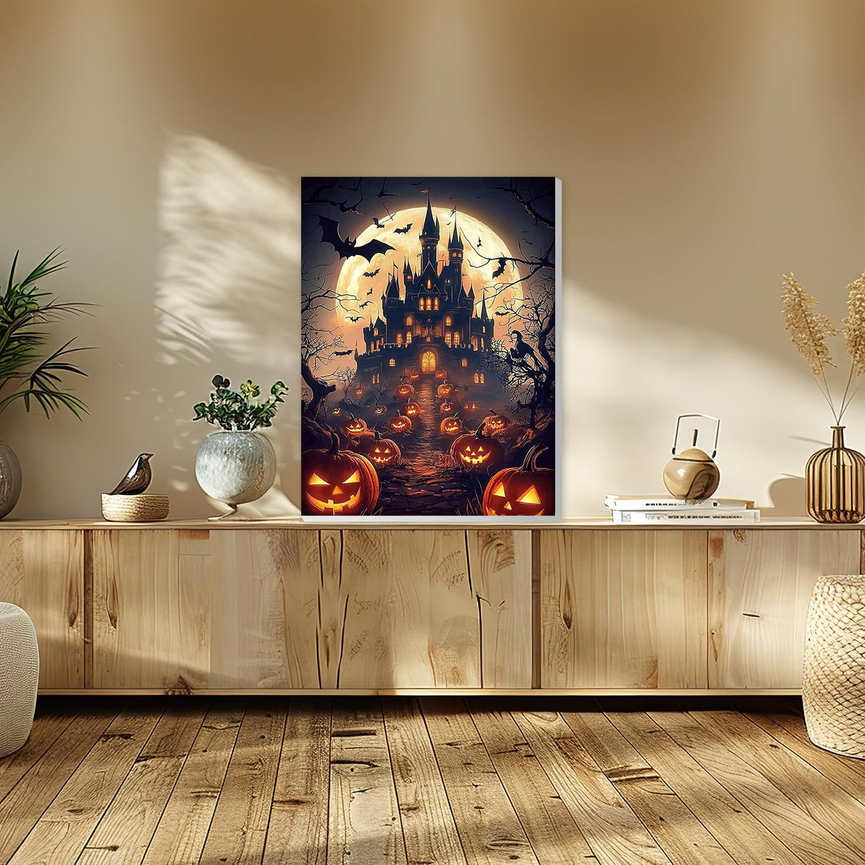 HEIBAGO Halloween Framed Paint by Numbers Kit for Adults, Castle Pumpkin Paint by Numbers for Beginner, Moon Adult Paint by Number Kits on Canvas, Painting by Numbers for Home Wall Decor 12 * 16 inch HEIBAGO