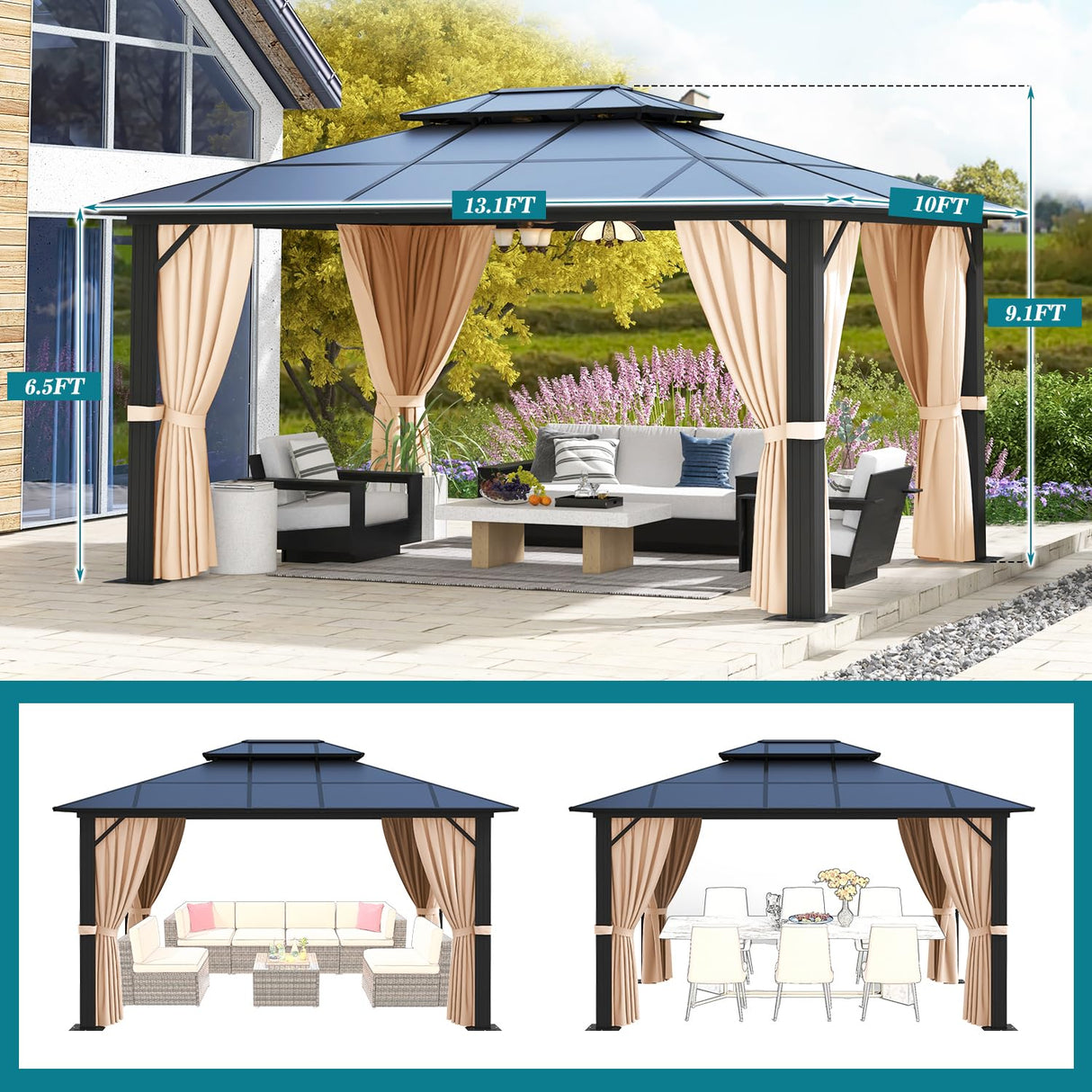 oneinmil 10x13FT Outdoor Polycarbonate Gazebo, Heavy Duty Double Roof Hardtop Gazebo with Aluminum Frame and Netting and Curtains for Patios oneinmil