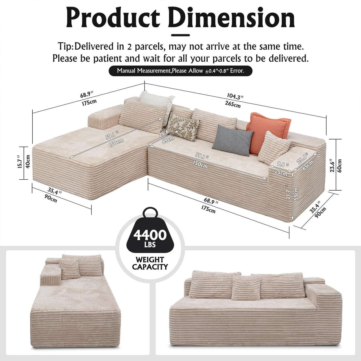 Boneless Modular Sectional Sofa, Cloud Couch with Left Facing Chaise, Oversized Deep Seat, L-Shaped, Soft Corduroy Fabric, Sectional Couch for Living Room -Beige NMXUXMN
