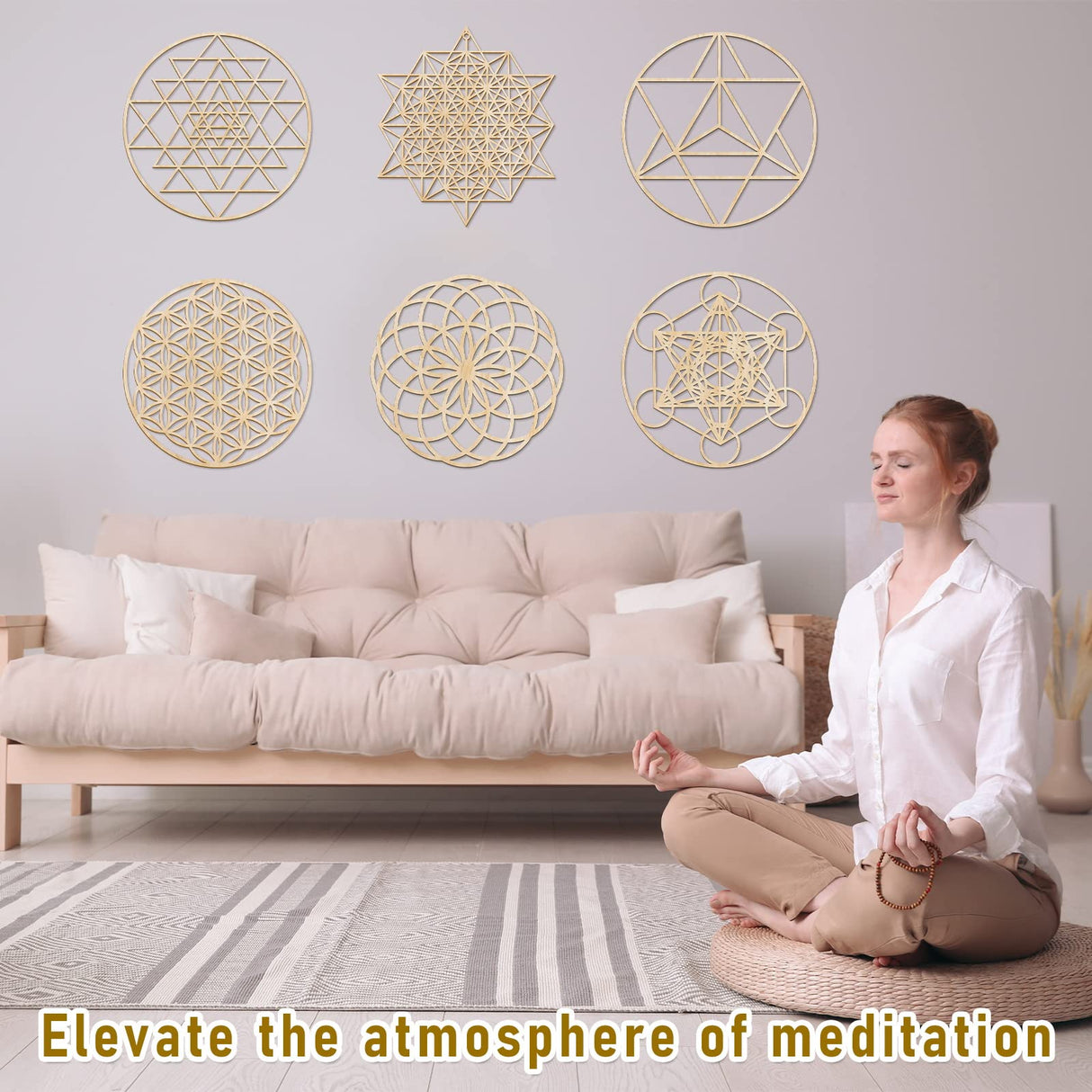 Taiyin 6 Pcs 12 Inch Sacred Geometry Wood Wall Art Set Zen Metatron Cube Home Decor Sri Yantra Merkaba Torus Flower of Life Hanging Sculpture Wooden Crystal Grid Pagan 7 Chakra Wall Decor(Burlywood) Taiyin