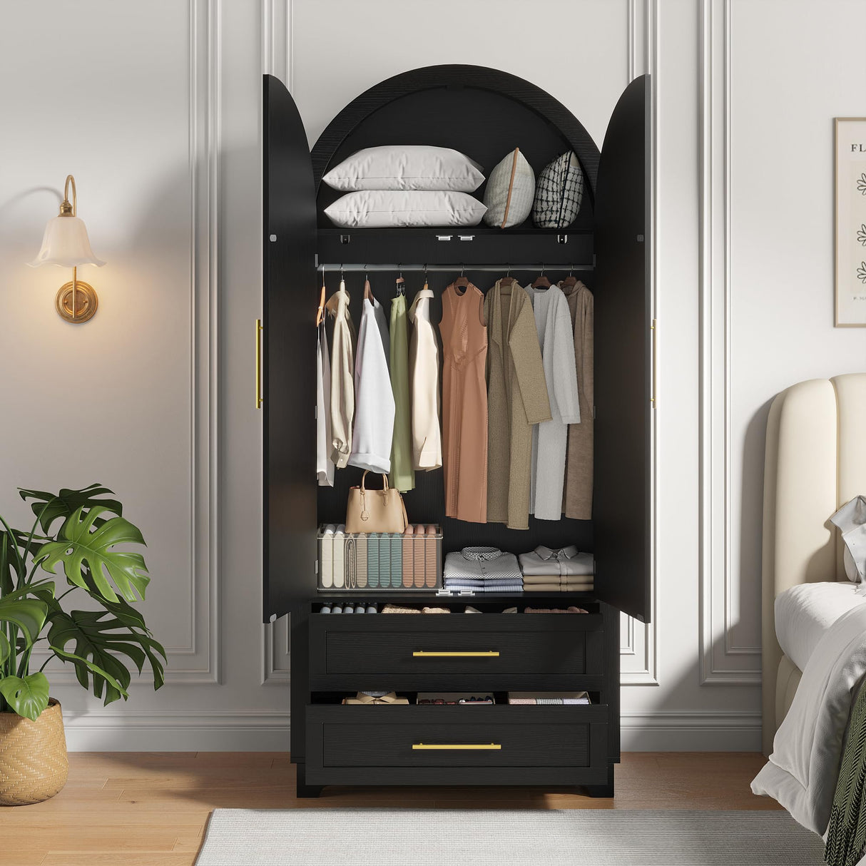 Maupvit Wardrobe Closet, Modern Armoire Wardrobe Closet with 2 Drawers and Arched Doors, 73" Tall Wooden Bedroom Armoires with Shelves and Hanging Rod, Black Maupvit