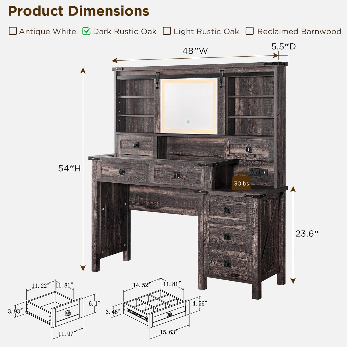 T4TREAM 48'' Farmhouse Makeup Vanity Desk with Sliding HD Mirror and Lights, Big Modern Lighted Vanity Table with 7 Drawers & Shelves, Rustic Large Dressing Table for Bedroom, Dark Rustic Oak T4TREAM