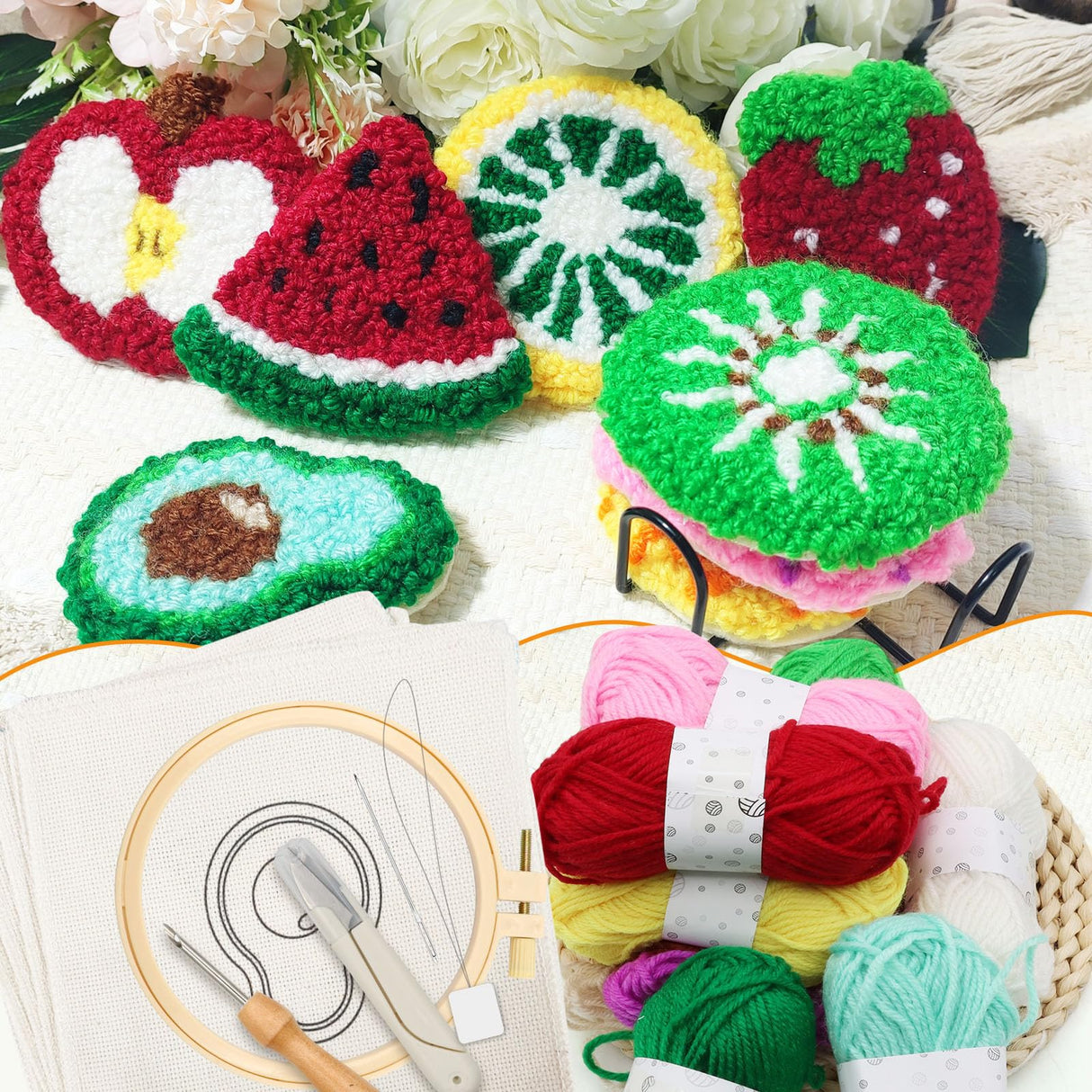 Soleeya Punch Needle Kits Adults Beginner 8 Pcs Punch Needle Coaster Kit Fruit Patterns Stitching Punch Embroidery Including Yarn Hoop Needle and Video Tutorials, Rug Tufting Coaster DIY Craft Gifts Soleeya