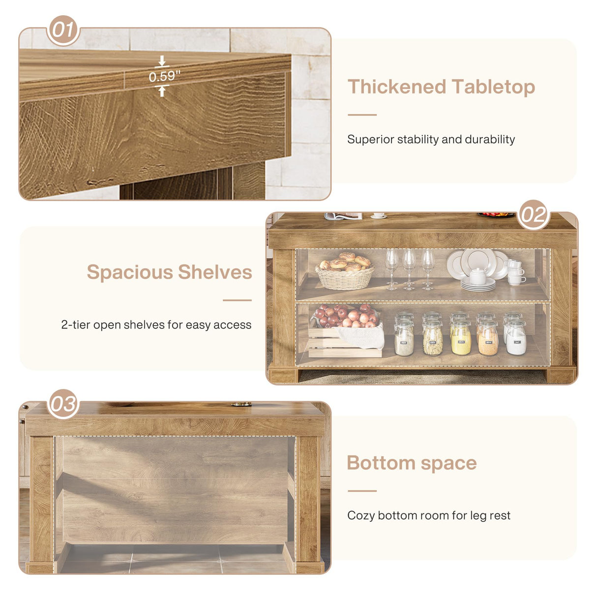 Tribesigns Kitchen Island with 3 Shelves, 55 Inches Width Kitchen Shelf with Large Worktop, Stable Wooden Structure, Farmhouse Style, Easy to Assemble, Light Brown Tribesigns