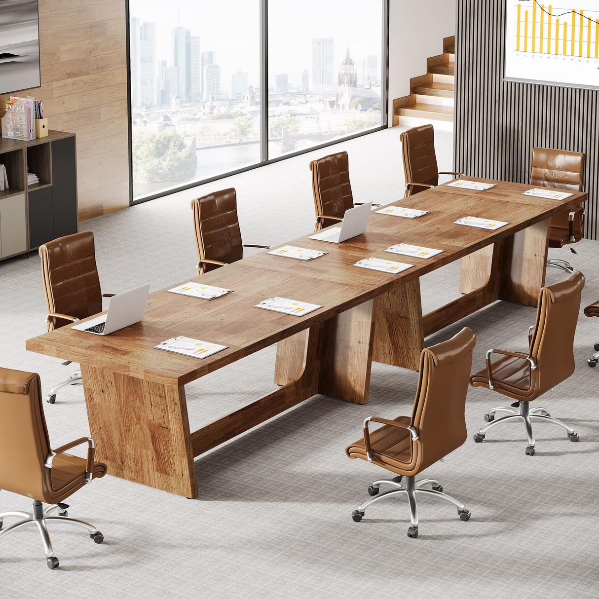Tribesigns 12FT Conference Table, 70.87" W x 31.5" D Rectangular Seminar Table Set for Meeting Room, Solid Executive Business Furniture Boardroom Desk for Office, Light Brown Tribesigns
