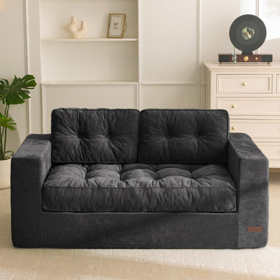 MAXYOYO Boneless Sofa Couch, Loveseat Sofa for Small Space, Tufted 2-Seater Floor Couch Bean Bag Chair for Living Room Bedroom Apartment, Sofa in a Box, No Assembly Needed, Black