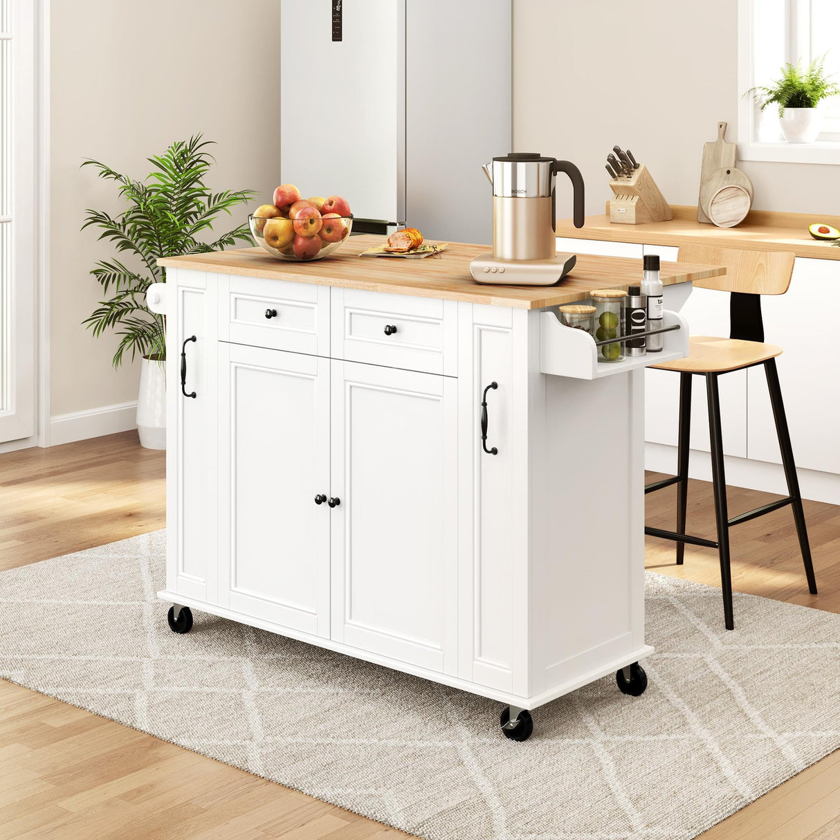 Yaheetech 52"W Kitchen Island with Drop-Leaf Breakfast Bar and 2 Pull-outs, Kitchen Cart on Lockable Wheels with Rubberwood Top & 2 Drawers & Adjustable Shelves, Storage Cabinet for Dining Room, White Yaheetech