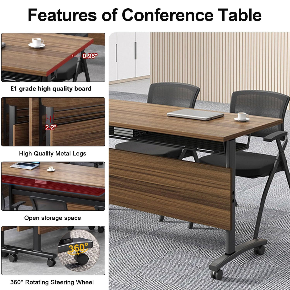 Conference Room Table,Folding Conference Table,Flip Top Rolling Mobile Table with Silent Locking Wheels,Modern Portable Seminar Training Meeting Table Business Tables (1 Pack, 55.1x23.6x29.5inch) Lenyedr