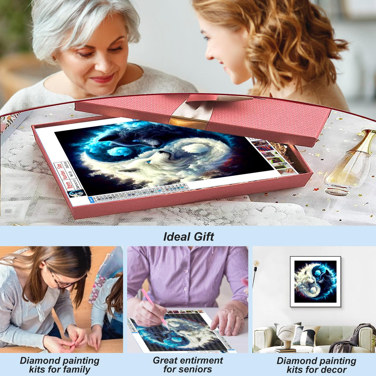 FHBUBPUP Wolf Diamond Painting Kits for Adults, Tai Chi Wolf Diamond Art Kits for Beginners, 5D DIY Full Drill Round Diamond Dot Gem Art, Craft Gift Suitable for Home Wall Decoration 12×12Inch FHBUBPUP