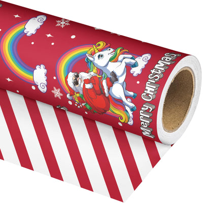 Vnaaem Reversible Christmas Wrapping Paper - Mini Roll - 17 Inches X 33 Feet - for Boys Girls Kids - Red Christmas Santa Unicorn Pattern Great for Holiday Birthday, Party, Baby Shower