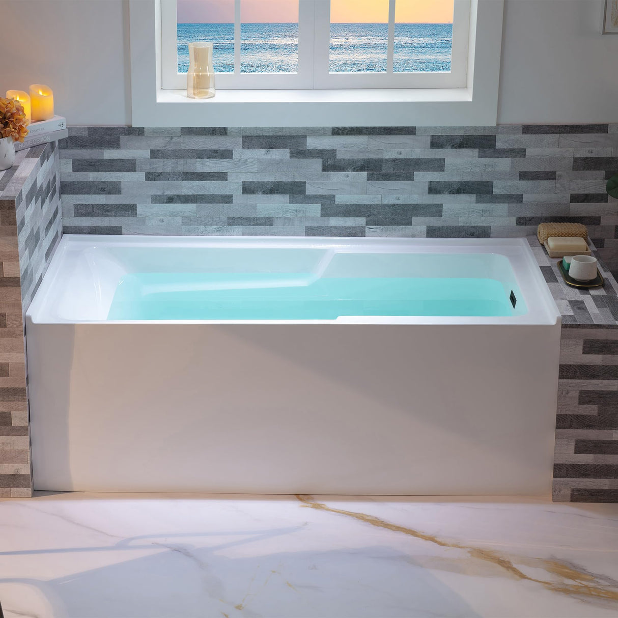 WOODBRIDGE 60" Acrylic Rectangular Alcove Soaking Bathtub in White with Right Drain, Matte Black Pop-Up Drain Included BA6030R WOODBRIDGE