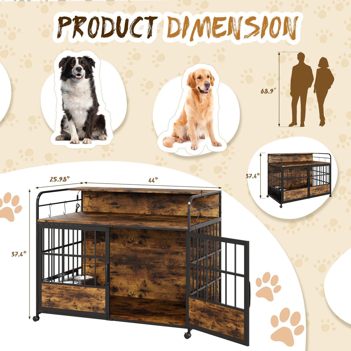 WARCAT Large Furniture Dog Crate, Heavy Duty Dog Crate, Dog Kennel Indoor, Wood Dog Cage Table with Adjustable Lighting Color, Sturdy Metal, 44" L×26" W×37" H, Brown WARCAT
