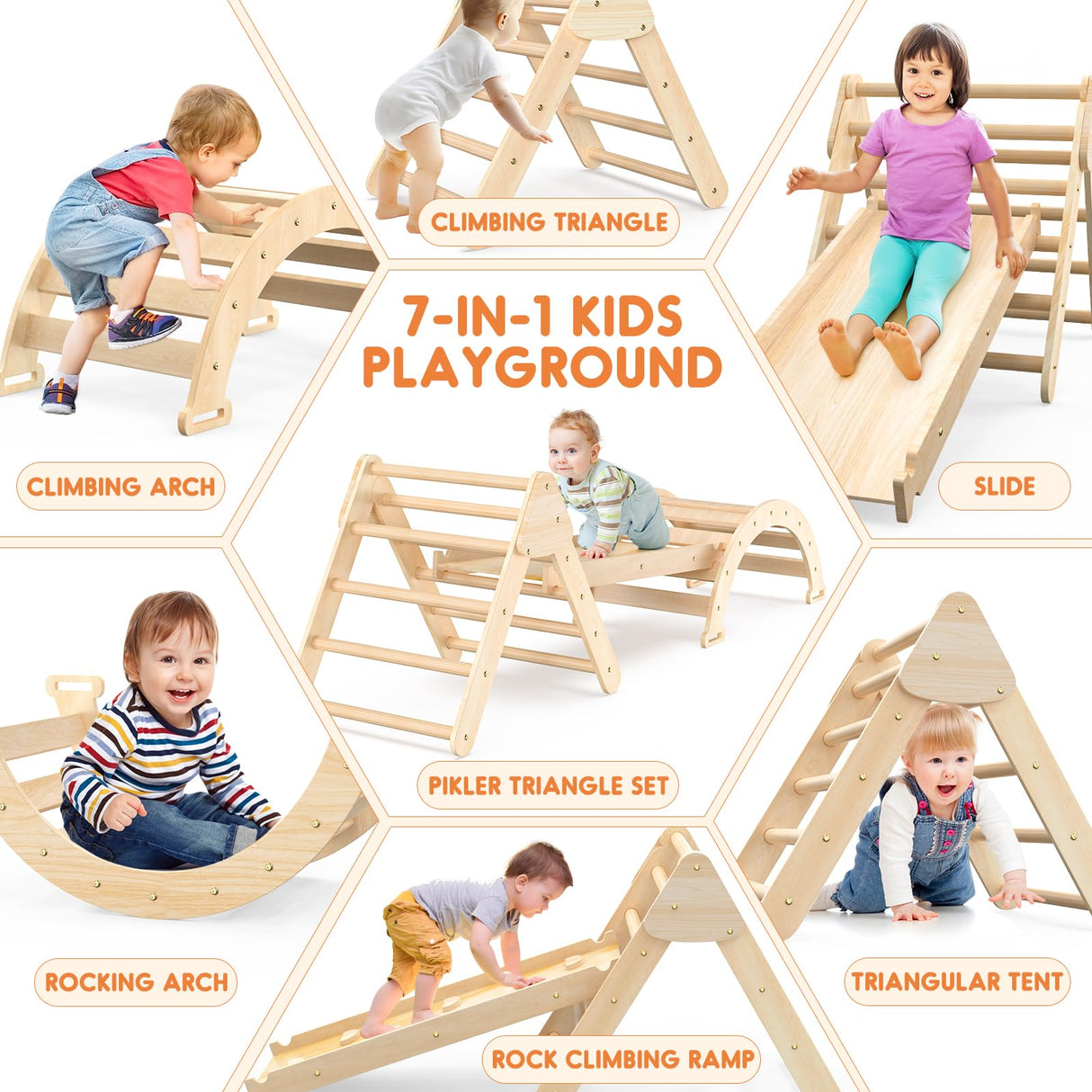 Pikler Triangle Set for Baby Climbing Toys 7 in 1 Foldable Wooden Montessori Climbing Set Indoor Playground for Kid with Arch-Ramp-Ladder Indoor Jungle Gyms for 1-3 Toddlers Fostoy