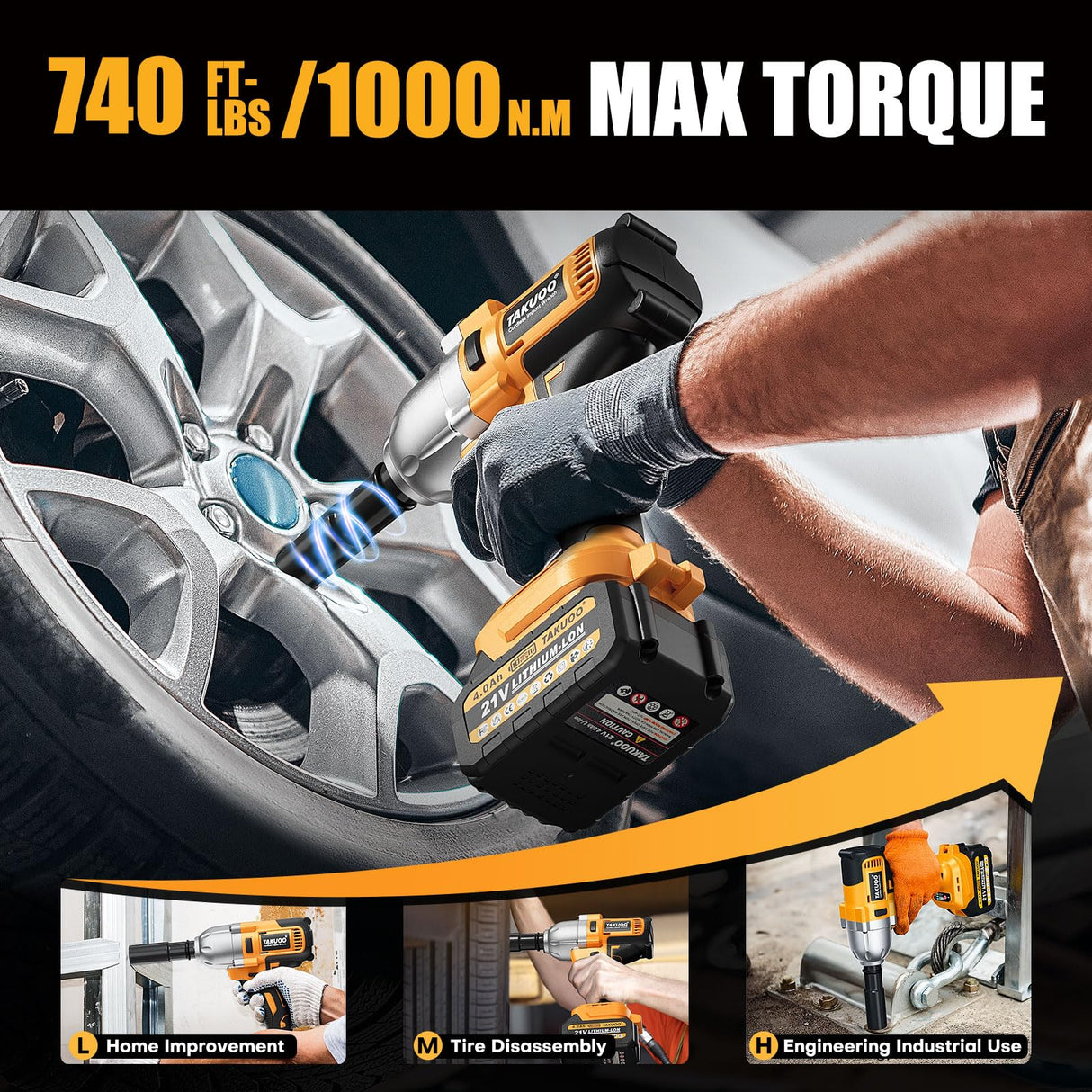 Takuoo Cordless 1/2 inch Brushless Impact Wrench, Max Torque (1000N.m) 740Ft-lbs Electric Impact Gun w/2x 4000mAh Battery, Charger & 6 Sockets, Power Impact Driver for Car Home Takuoo